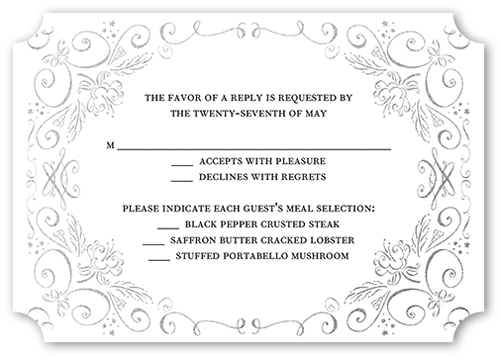 Whimsical Scrolls Wedding Response Card, Black, Pearl Shimmer Cardstock, Ticket
