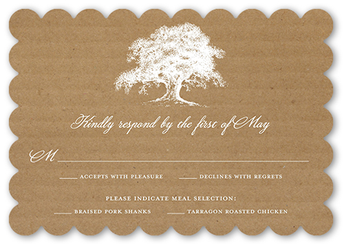 Rustic Statement Wedding Response Card, Brown, White, Pearl Shimmer Cardstock, Scallop