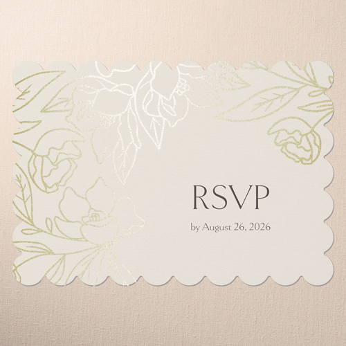 Floral Fantasy Wedding Response Card, Beige, Gold Foil, Pearl Shimmer Cardstock, Scallop