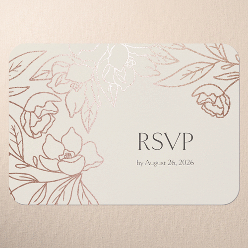 Floral Fantasy Wedding Response Card, Rose Gold Foil, Beige, Pearl Shimmer Cardstock, Rounded