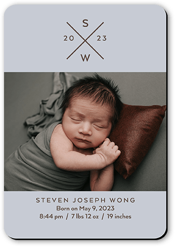 Cross Monogram Birth Announcement, Blue, Magnet, Write Your Own Greeting, Matte, Blue