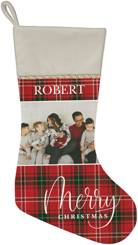 Merry Christmas Plaid Christmas Stocking, Natural, Red