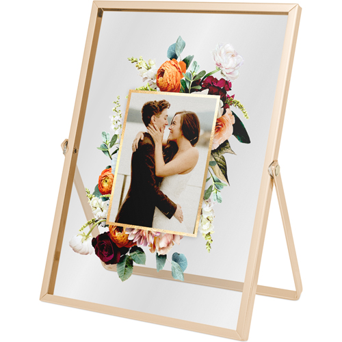 Floral Frame Tabletop Floating Framed Print, 5x7, Gold, White