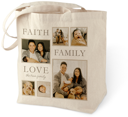 Family And Faith Collage Cotton Tote Bag, Beige