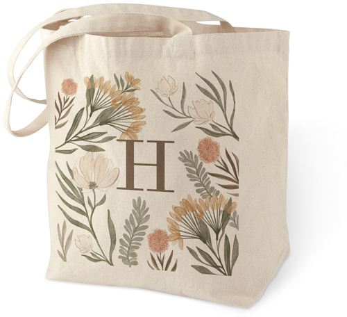 Monogram Floral Illustrations Cotton Tote Bag, White