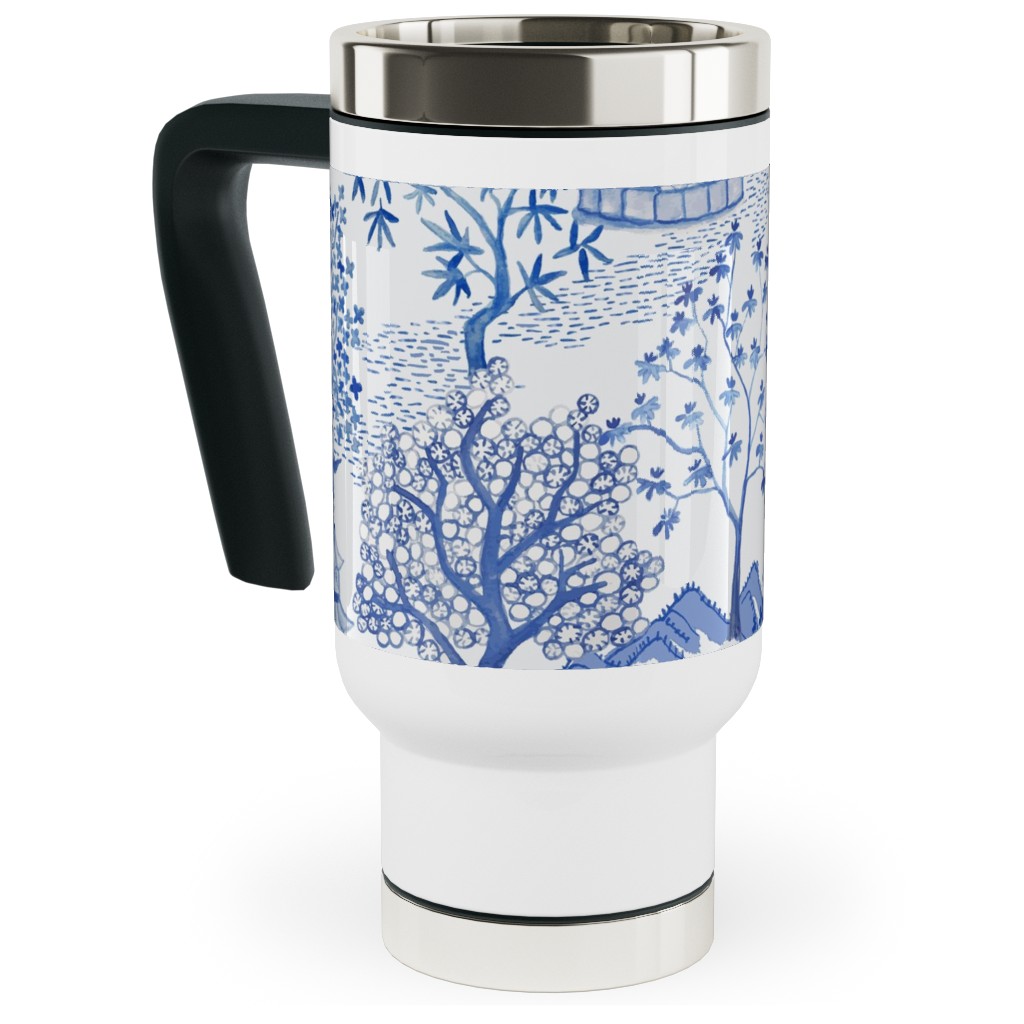 Pagoda Forest - Blue Travel Mug with Handle, 17oz, Blue