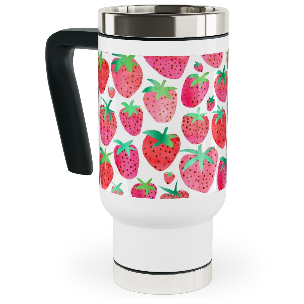 Strawberries - Pink Travel Mug with Handle, 17oz, Pink