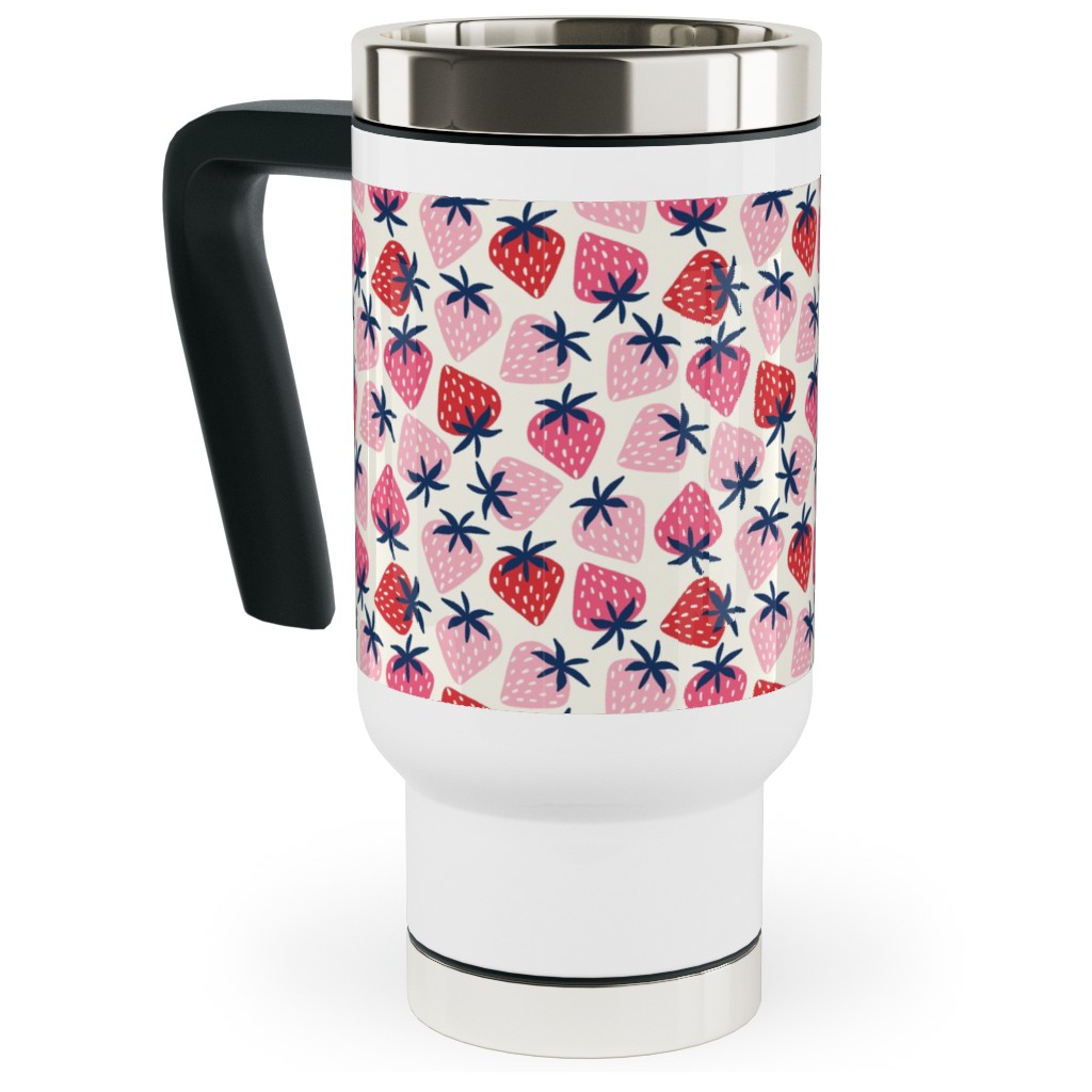 Strawberries - Pink and Red Travel Mug with Handle, 17oz, Pink