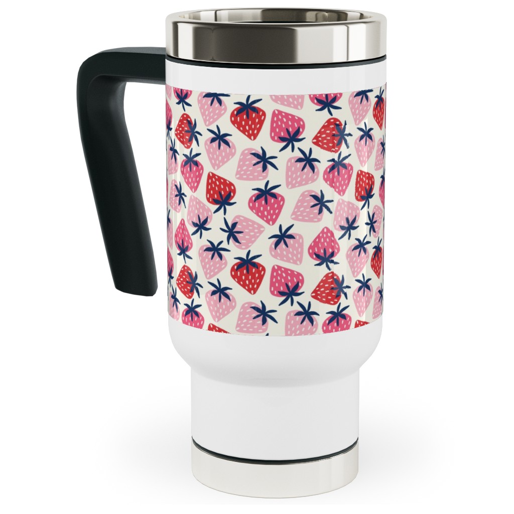 Strawberries - Pink and Red Travel Mug with Handle, 17oz, Pink, Bright Pink