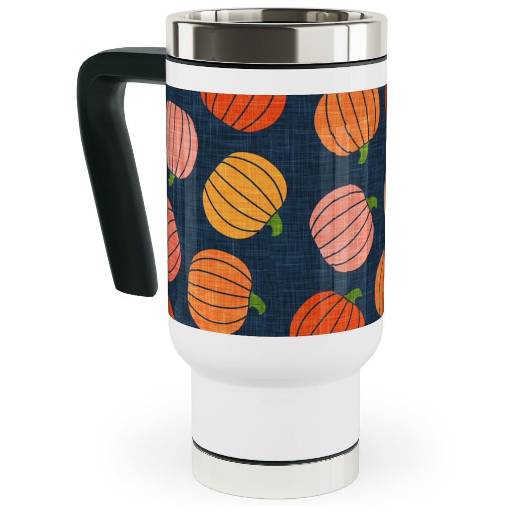 Pumpkin Toss - Orange on Blue Travel Mug with Handle, 17oz, Orange