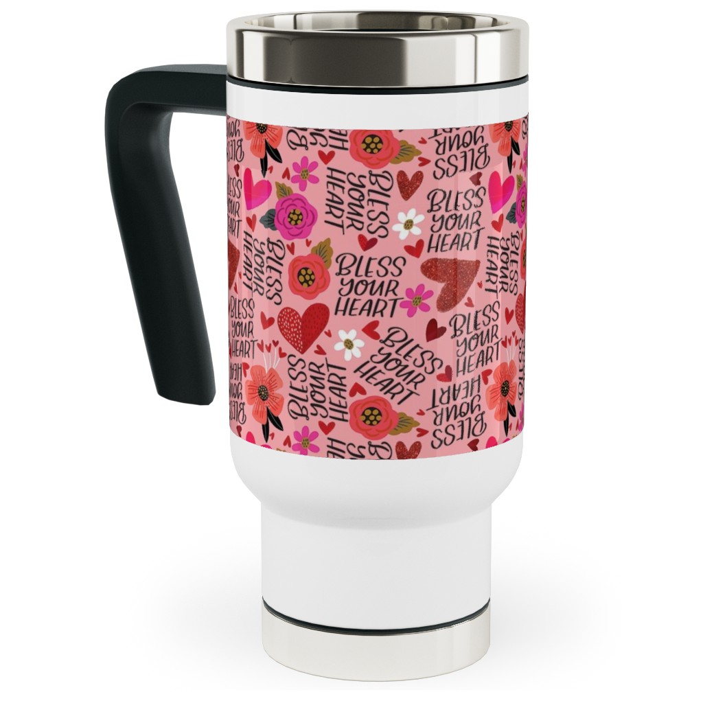 Pretty Bless Your Heart - Floral - Pink and Red Travel Mug with Handle, 17oz, Pink