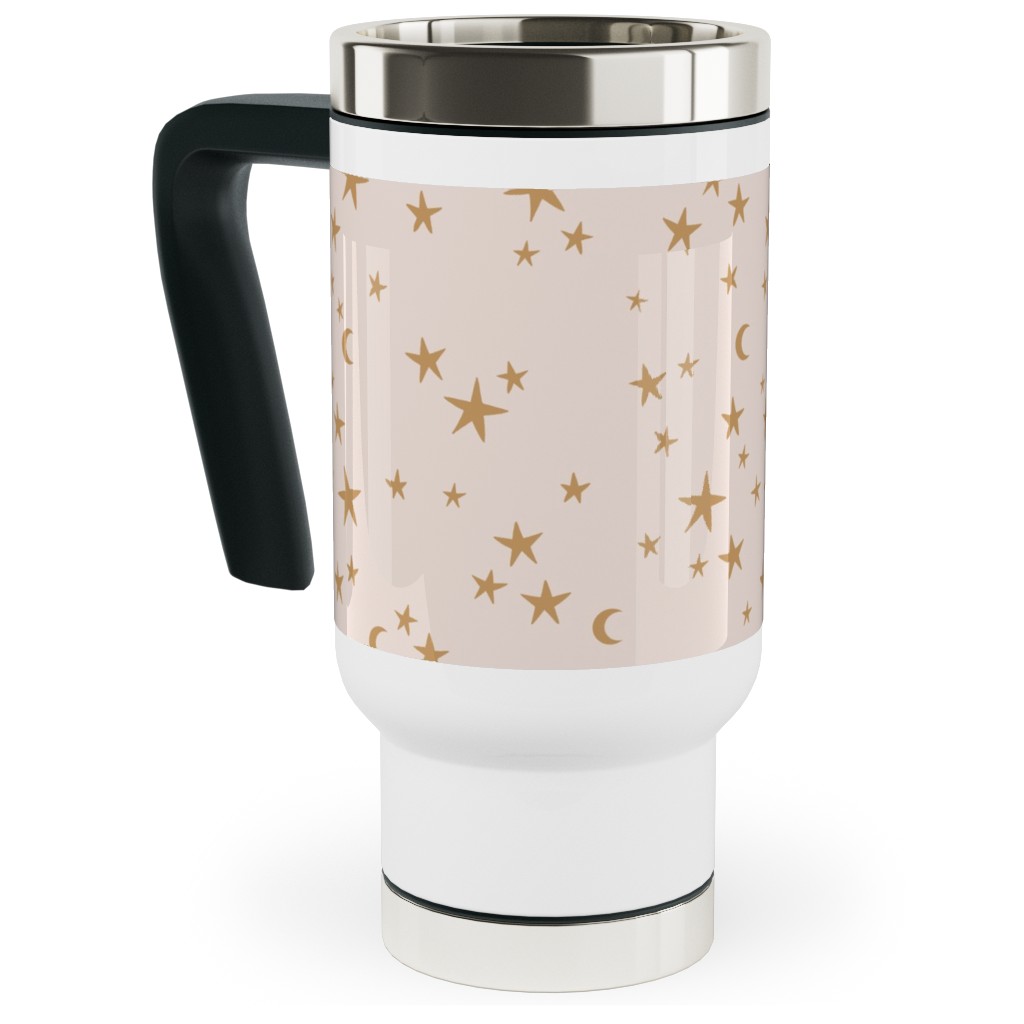 Stars & Moon - Starry Night Universe - Beige and Brown Travel Mug with Handle, 17oz, Pink