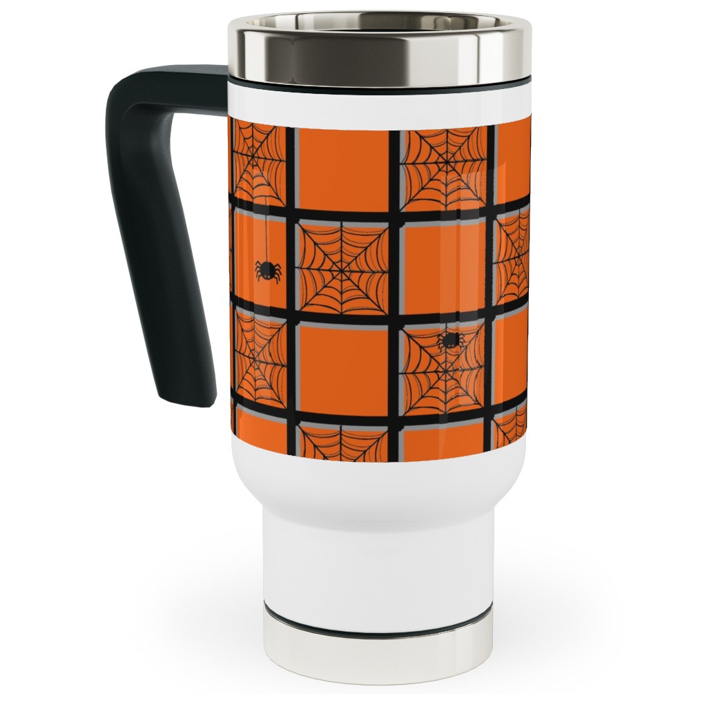 Orange Plaid Spider Webs Travel Mug with Handle, 17oz, Orange