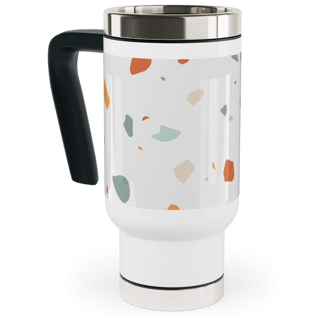 Terrazzo - Green and Orange on Cream Travel Mug with Handle, 17oz, Beige