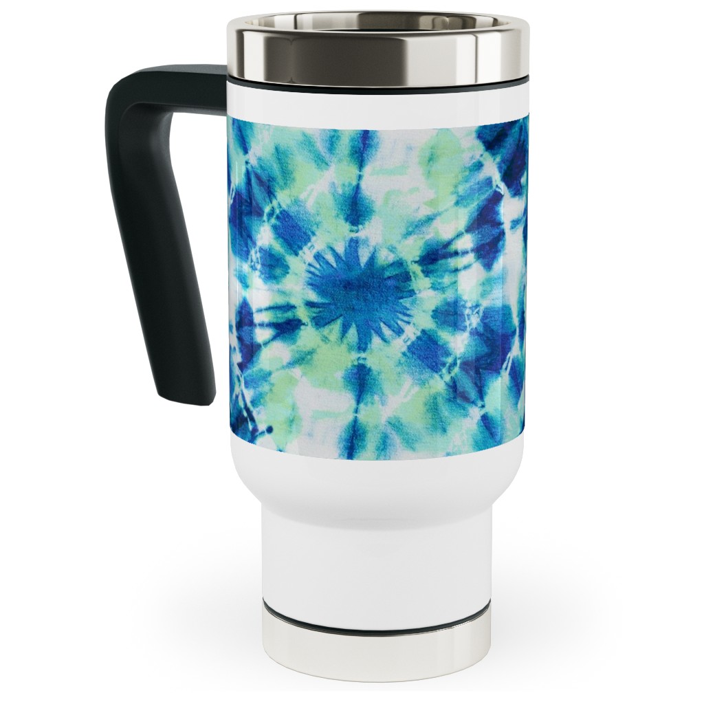 Ink Splat Indigo and Green Tie Dye Travel Mug with Handle, 17oz, Blue, True Blue