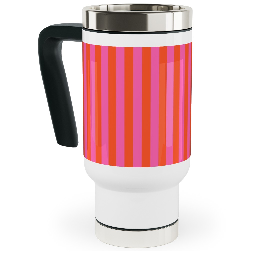 Piccadilly Pinstripes in Mod - Orange and Pink Travel Mug with Handle, 17oz, Pink, Bright Pink