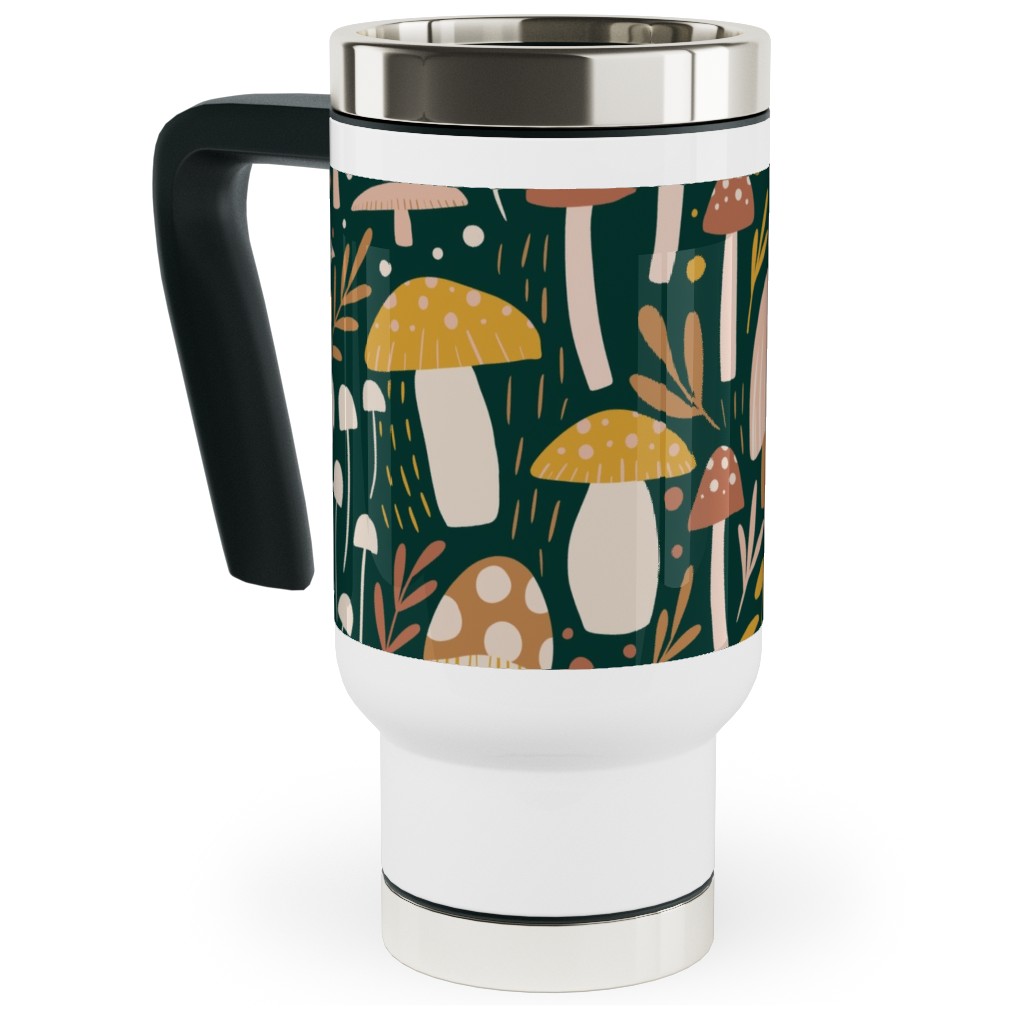 Woodland Mushroom Meadow - Green Travel Mug with Handle, 17oz, Green, Classic Green