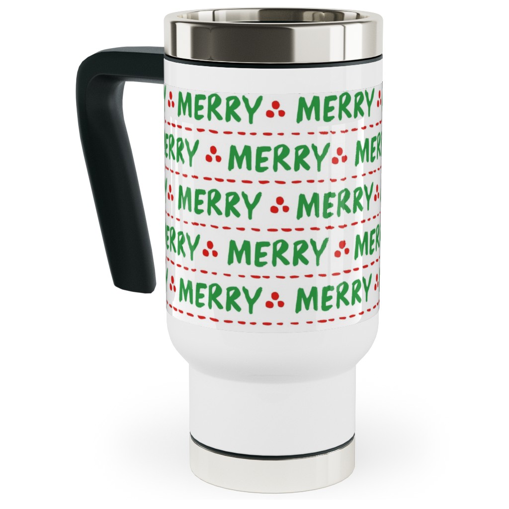 Hand Lettered Merry Travel Mug with Handle, 17oz, Green, Classic Green