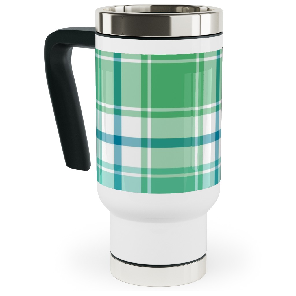 Blue, Green, Turquoise, and White Plaid Travel Mug with Handle, 17oz, Green, Classic Green