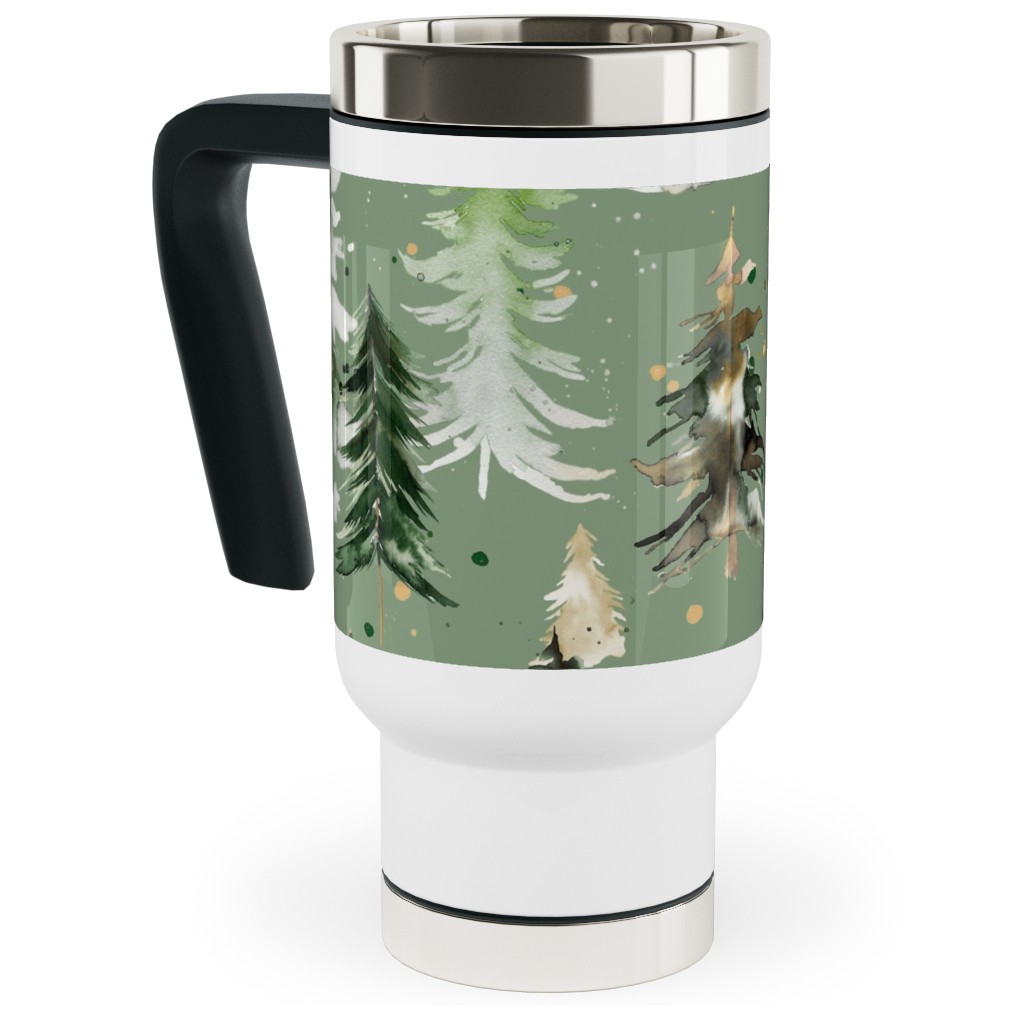 Watercolor Pines and Spruces Christmas - Green Travel Mug with Handle, 17oz, Green