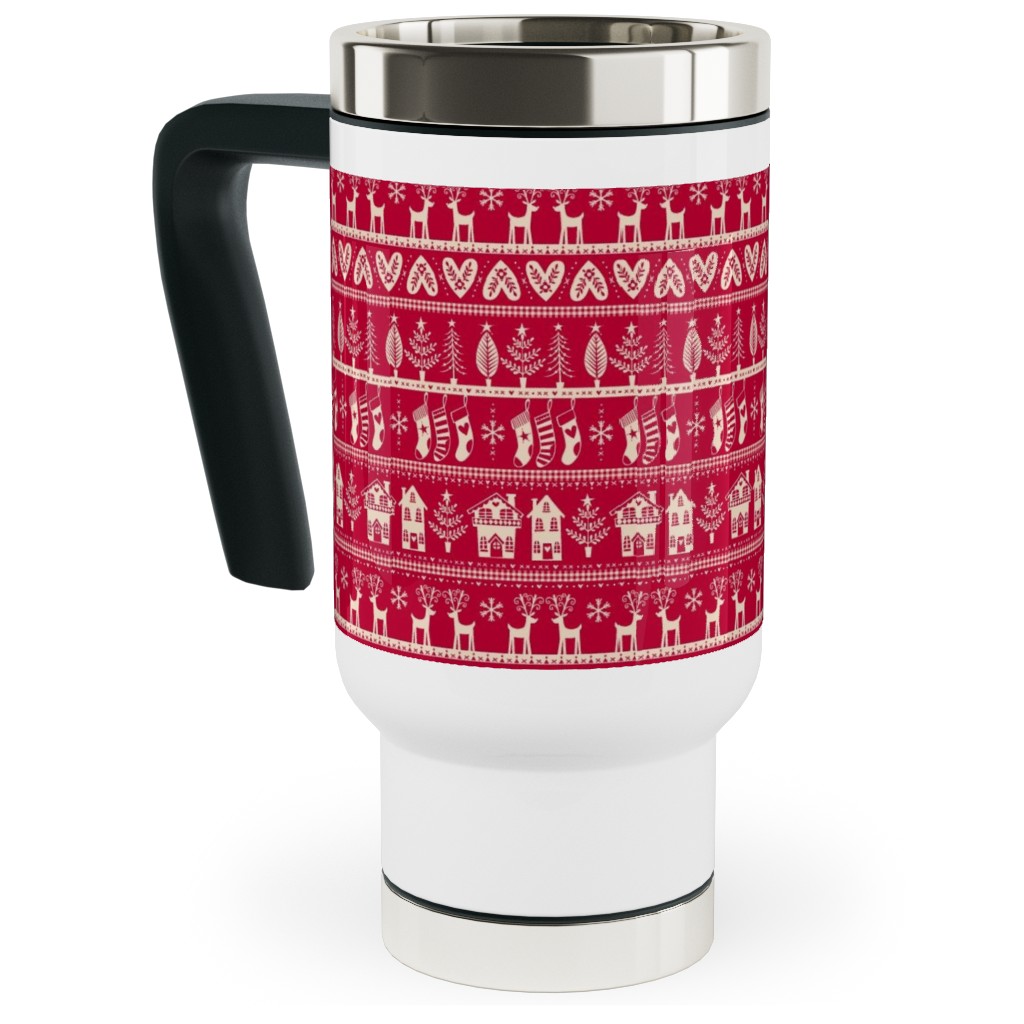 Nordic Vintage Christmas Travel Mug with Handle, 17oz, Red