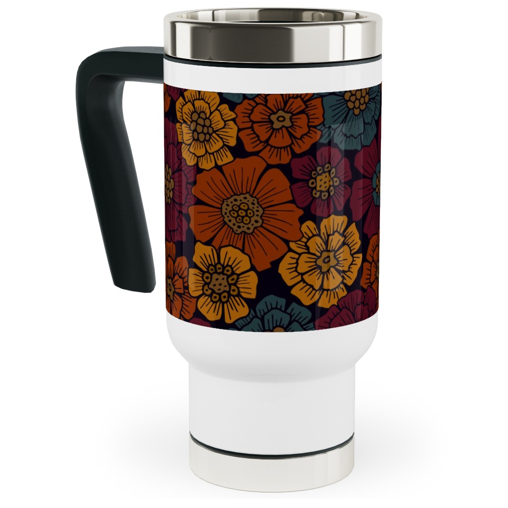 Burgundy, Rust, Mustard & Teal Floral Travel Mug with Handle, 17oz, Red, Red