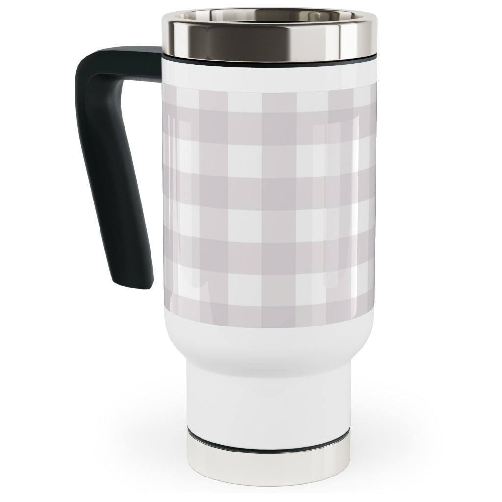 Gingham Check Travel Mug with Handle, 17oz, Gray, Silver Lining