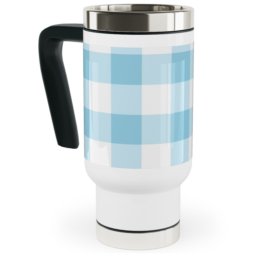 Gingham Checks Travel Mug with Handle, 17oz, Blue, Rain