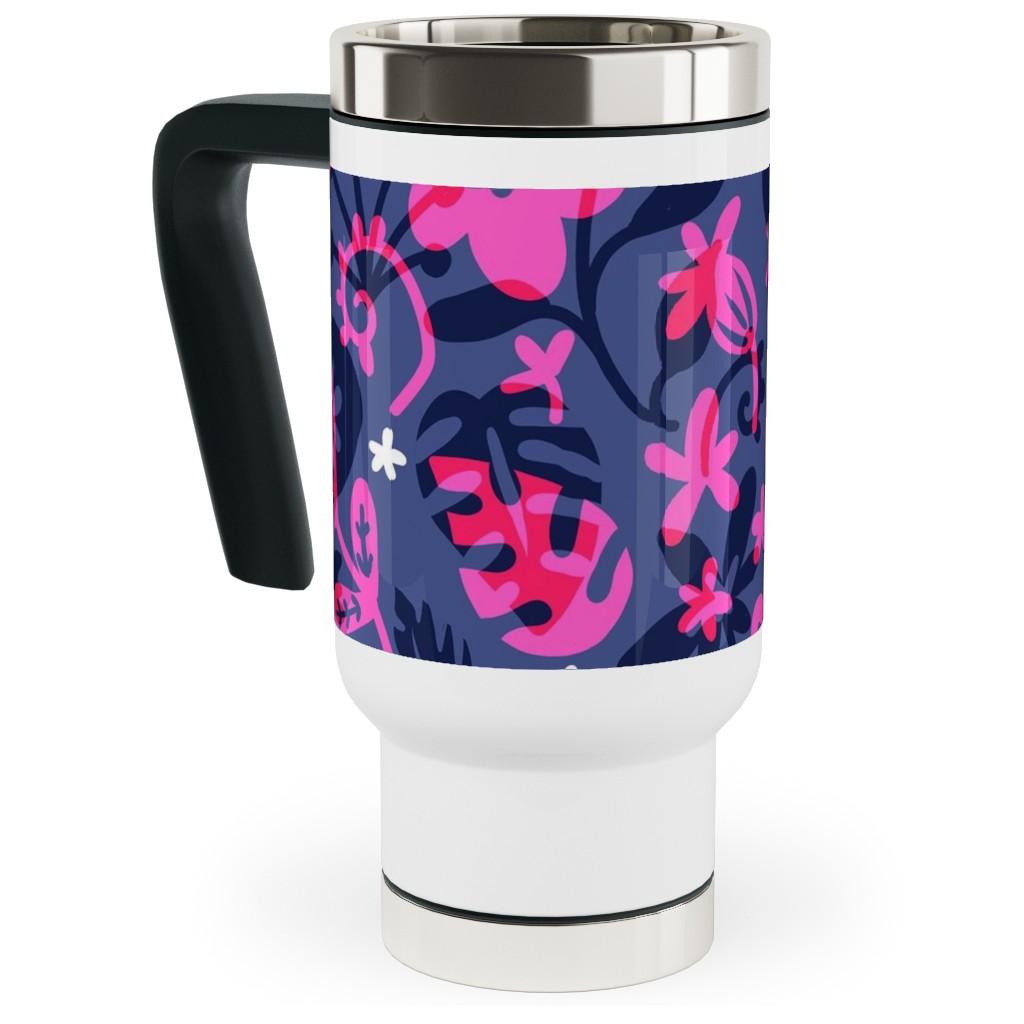 Tropical Floral - Fuchsia Travel Mug with Handle, 17oz, Pink, Bright Pink