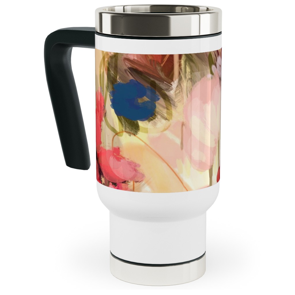 Painterly Abstract Floral Travel Mug with Handle, 17oz, Pink, Bright Pink