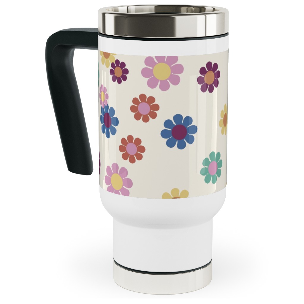Rainbow Groovy Flowers Travel Mug with Handle, 17oz, Multicolor, Antique White
