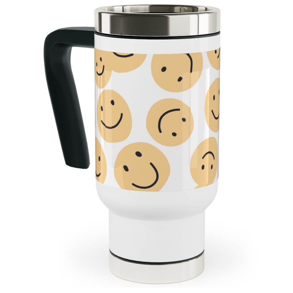 Happy Smiley Faces - Yellow Travel Mug with Handle, 17oz, Yellow