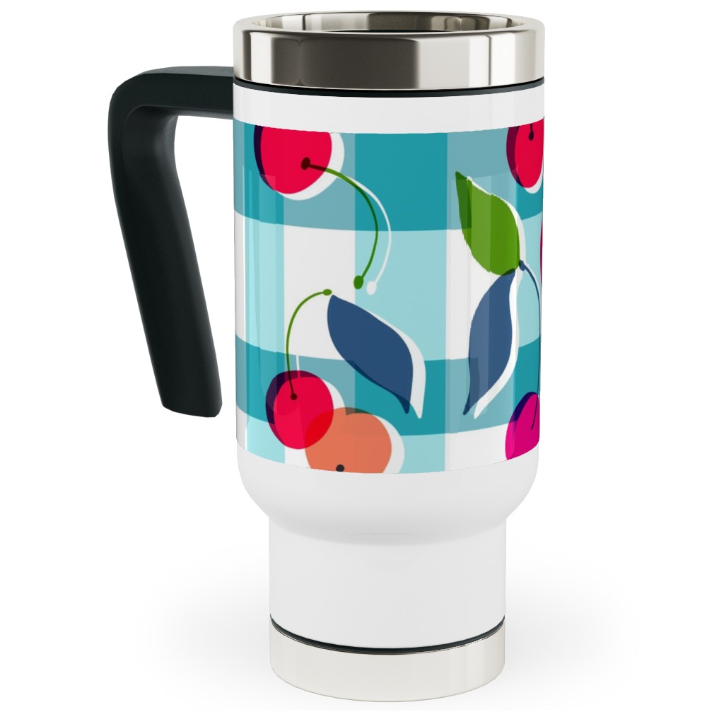 Cherry Gingham - Blue Travel Mug with Handle, 17oz, Blue, True Blue