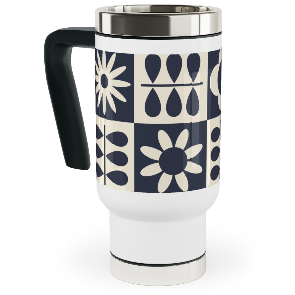 Scandinavian Checker Blooms - Off White and Navy Travel Mug with Handle, 17oz, Black, Black