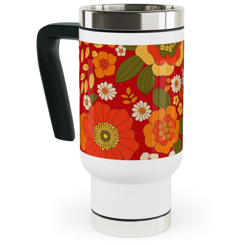 Vintage Flora - Red Travel Mug with Handle, 17oz, Orange, Orange