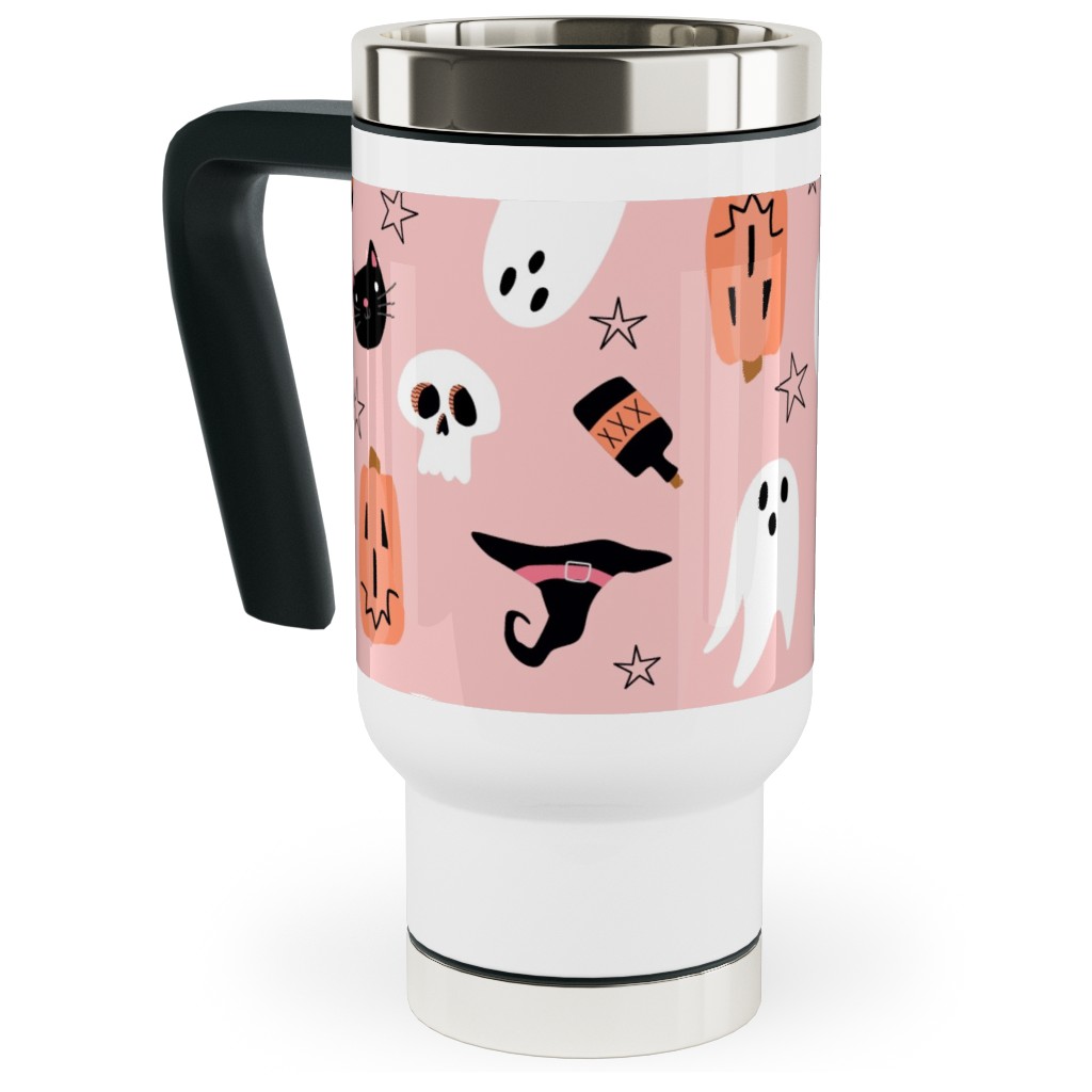 Sweet Halloween Pumpkin, Witch, Ghost, Cat Travel Mug with Handle, 17oz, Pink