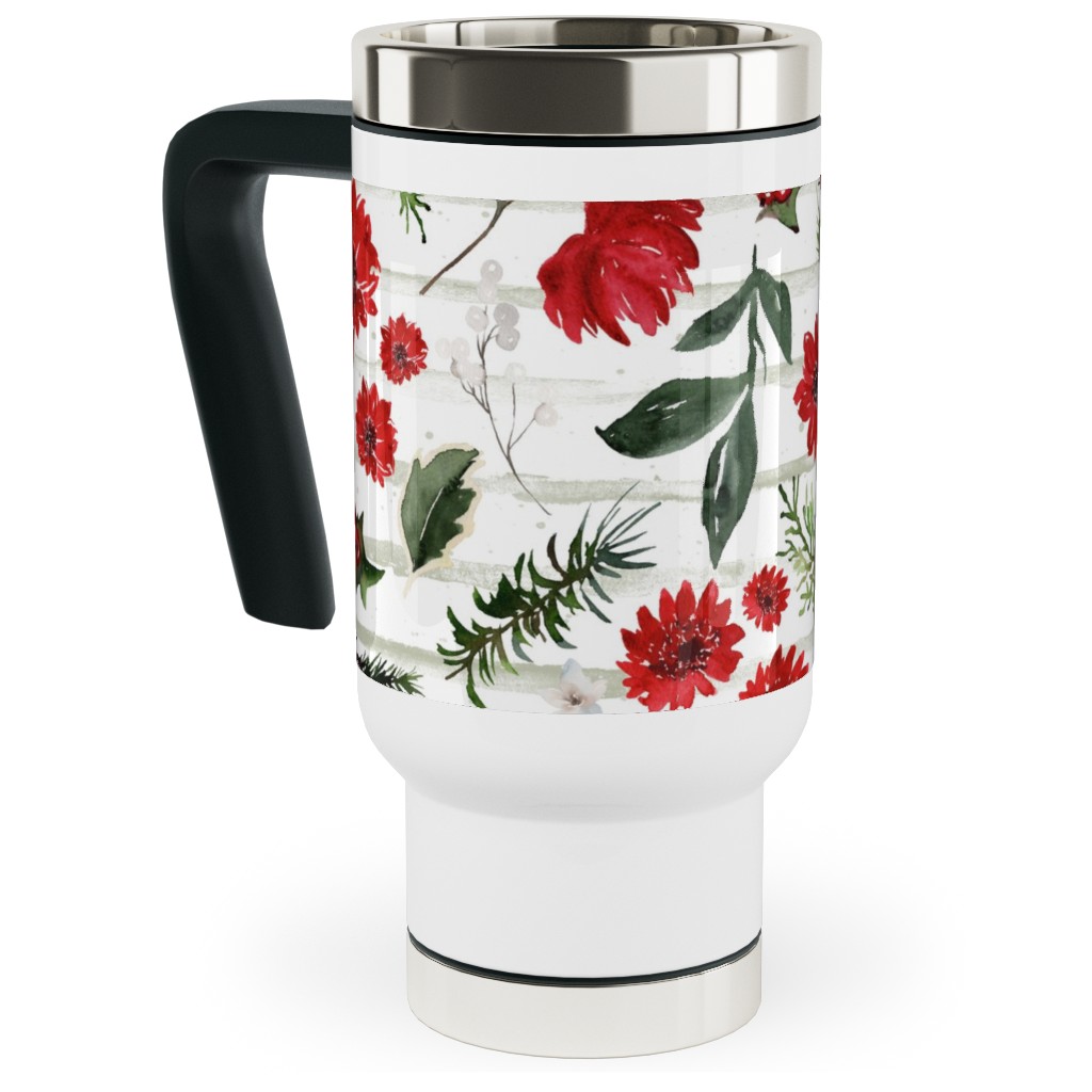 Jolly Christmas Florals - Mint Sage Stripes Travel Mug with Handle, 17oz, Multicolor