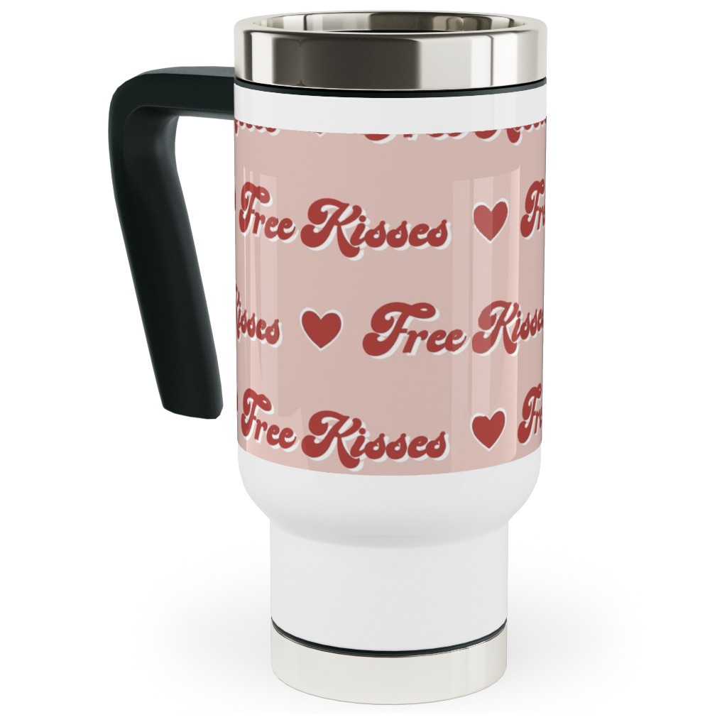 Free Kisses - Retro Hearts - Red on Pink Travel Mug with Handle, 17oz, Pink