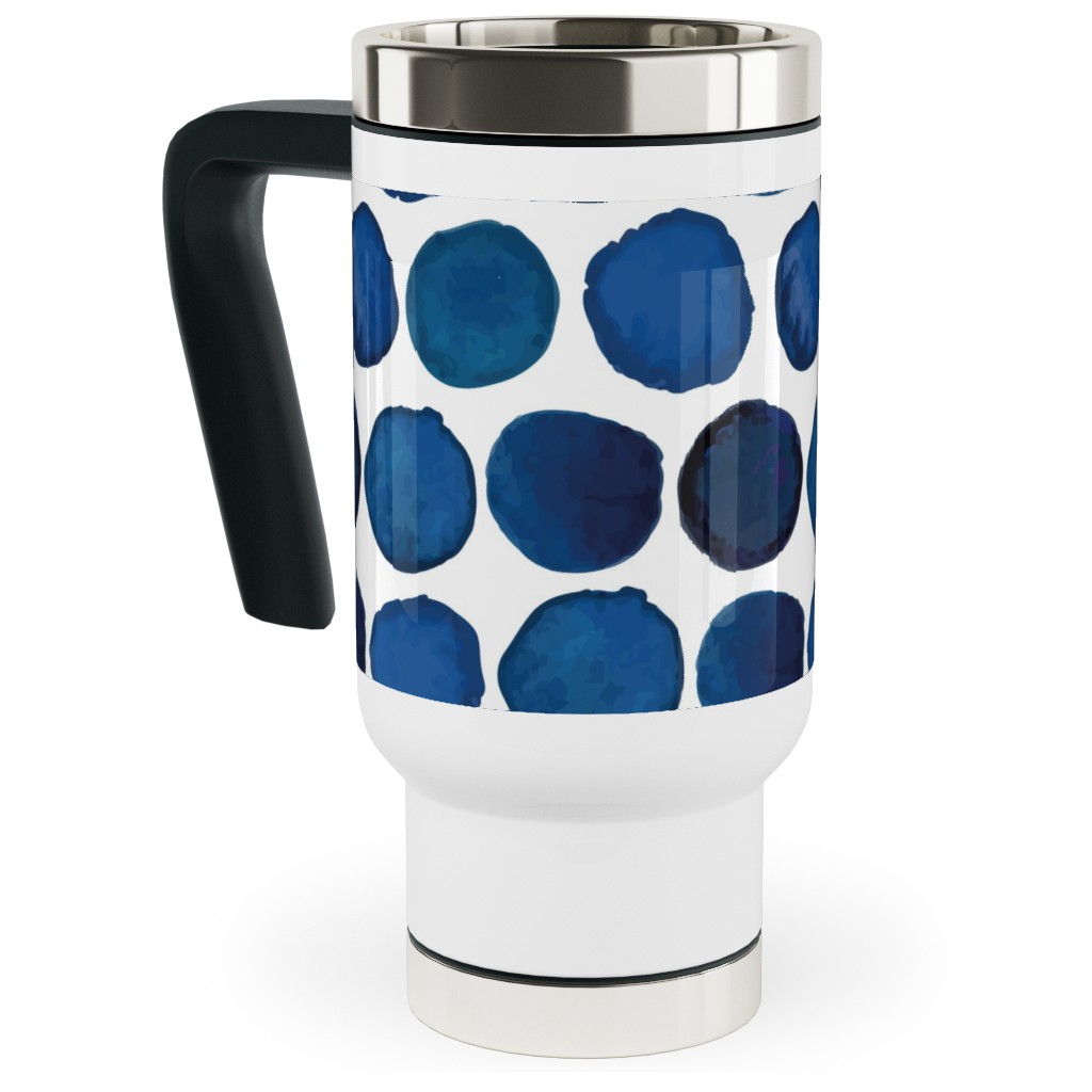Watercolor Dots - Dark Travel Mug with Handle, 17oz, Blue