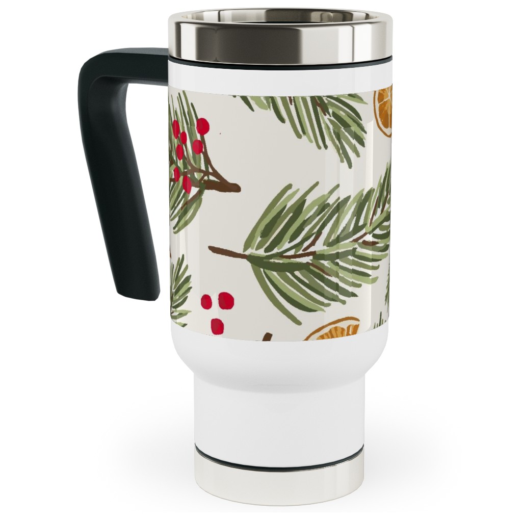 Festive Christmas Pine Sprigs and Orange Slices Travel Mug with Handle, 17oz, Multicolor