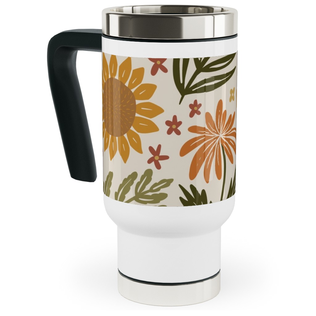 Autumn Botanicals - Leaves, Acorns, Sunflowers, Ferns, Mums, Pinecones, Mushrooms - Light Travel Mug with Handle, 17oz, Multicolor