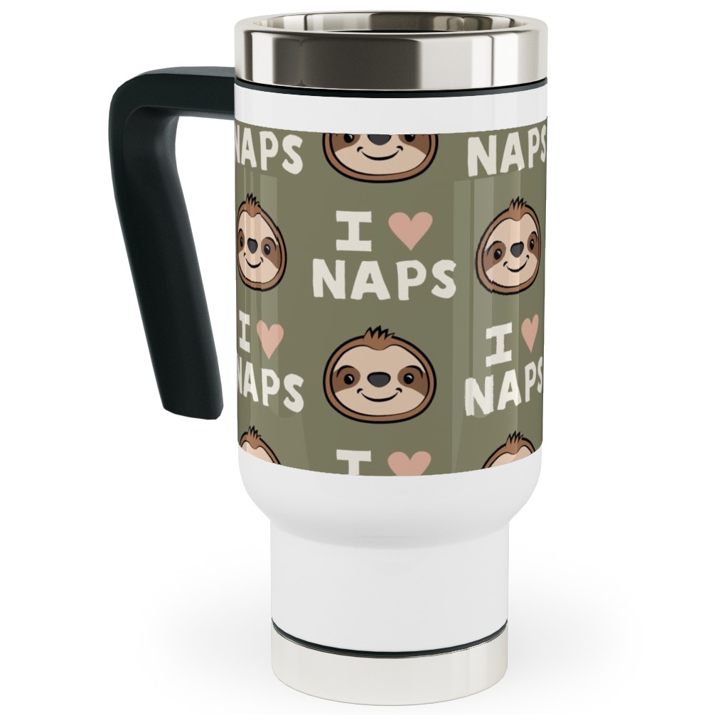 I Heart Naps - Cute Sloths - Olive Green Travel Mug with Handle, 17oz, Green, Classic Green