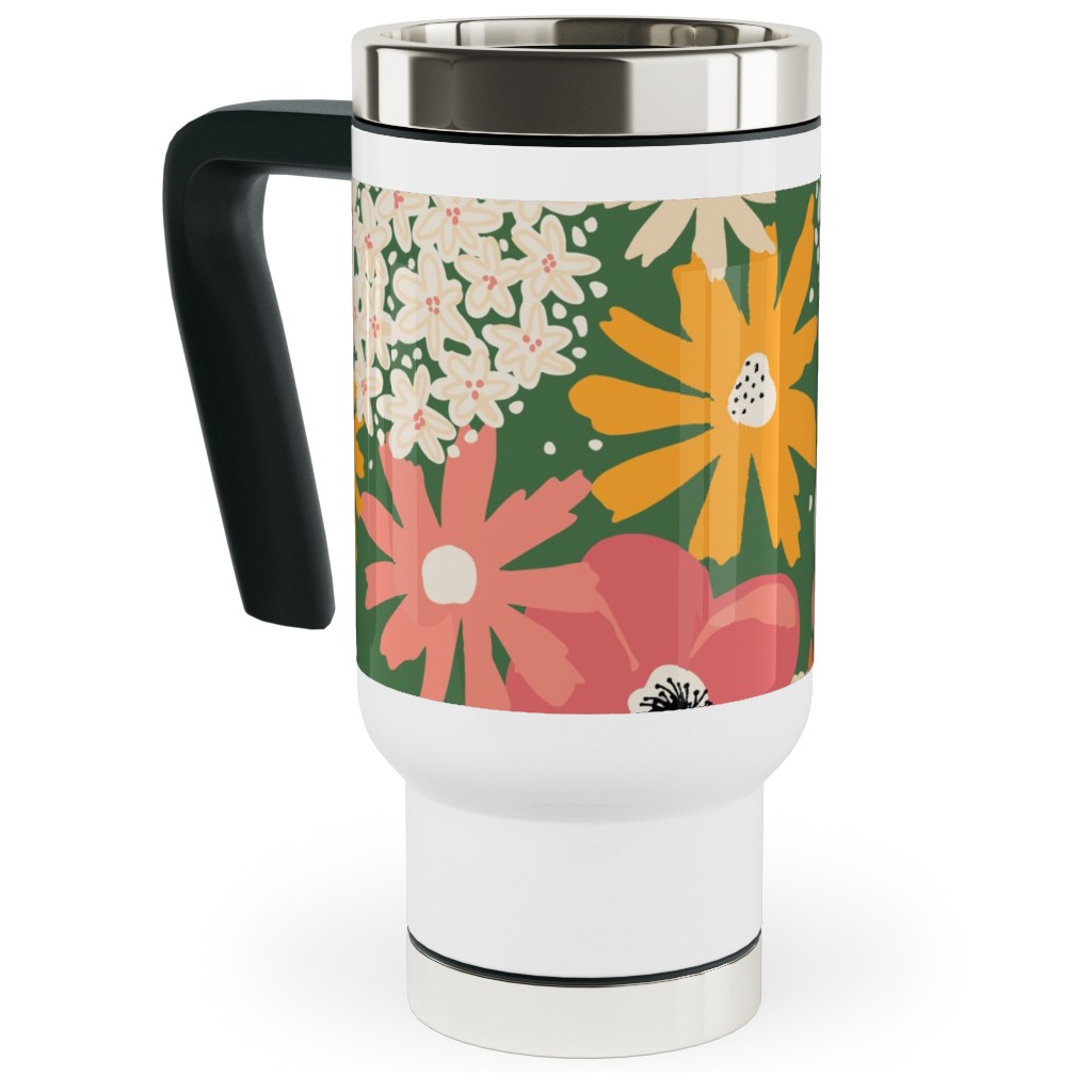 Summer Florals - Green Pink White and Orange Travel Mug with Handle, 17oz, Multicolor