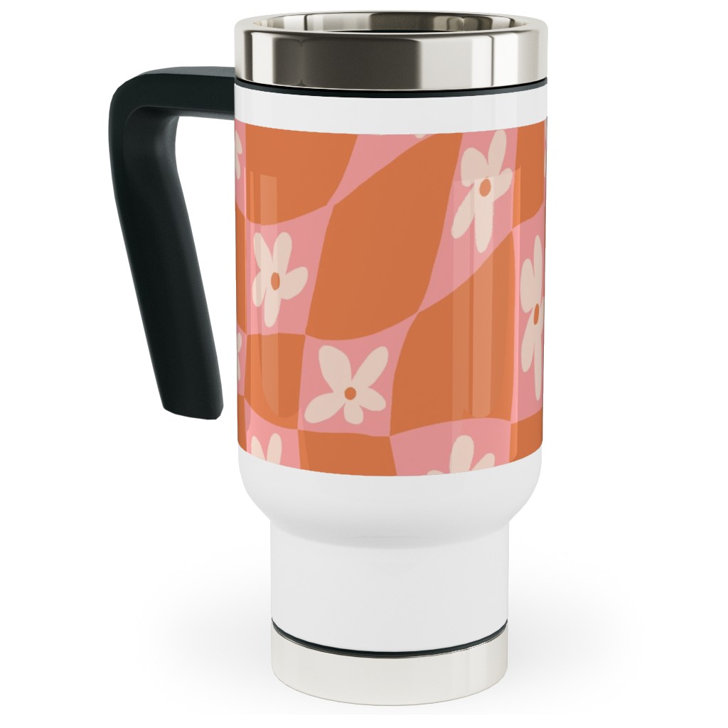 Trippy Chamomile - Floral - Orange and Pink Travel Mug with Handle, 17oz, Orange, Orange