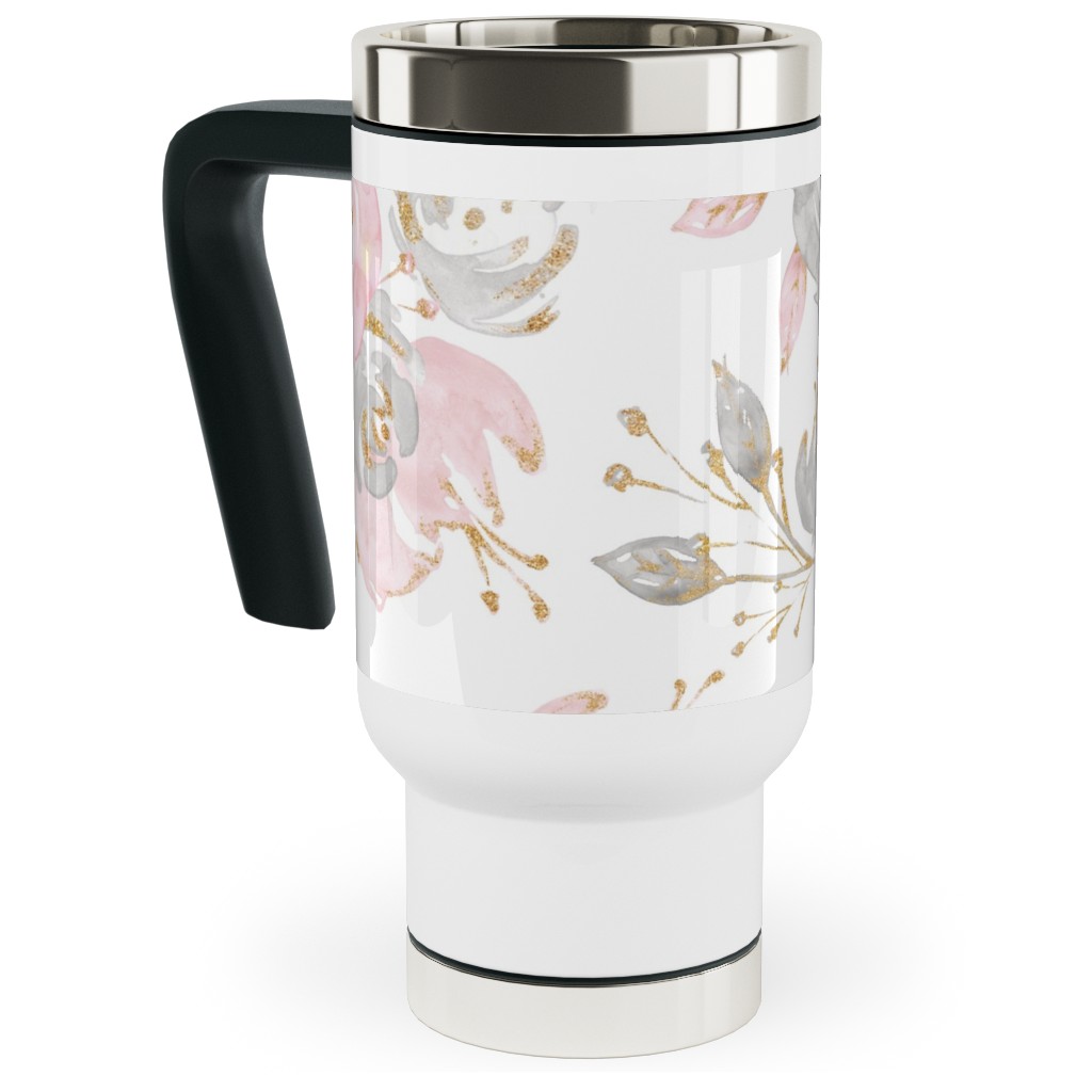 Floral - Blush Travel Mug with Handle, 17oz, Pink, Bright Pink