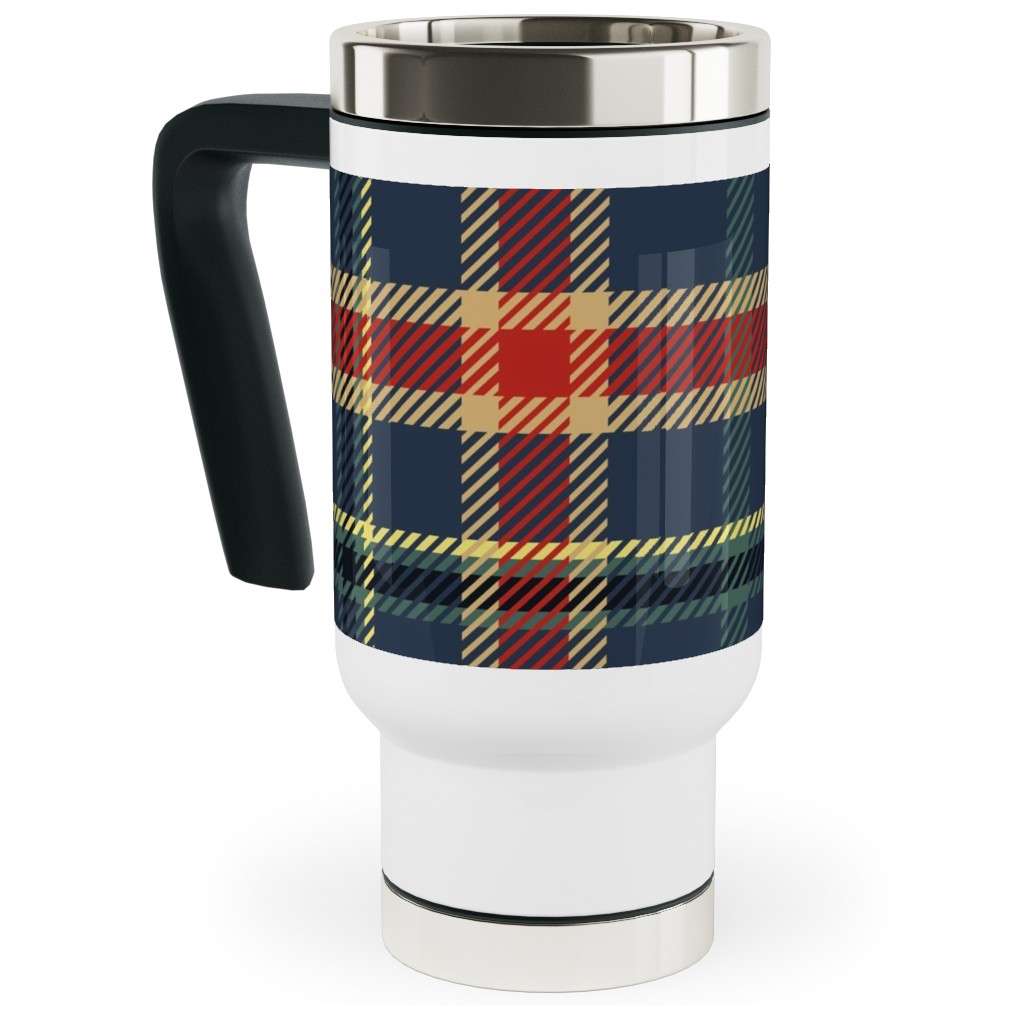Navy Blue and Pine Plaid Travel Mug with Handle, 17oz, Multicolor
