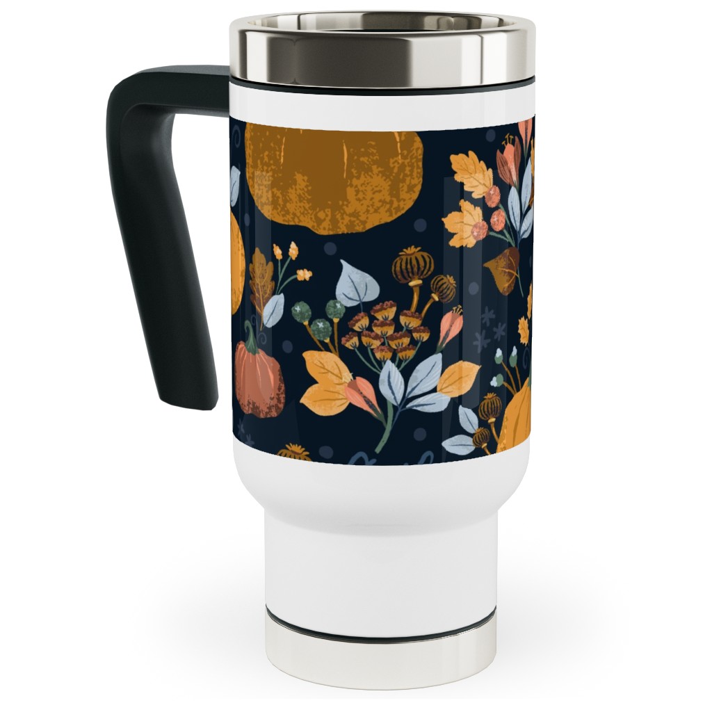 Smaller Scale Elegant Navy Fall Floral - Harvest Gratitude + Cozy Petal Solids Travel Mug with Handle, 17oz, Orange, Orange
