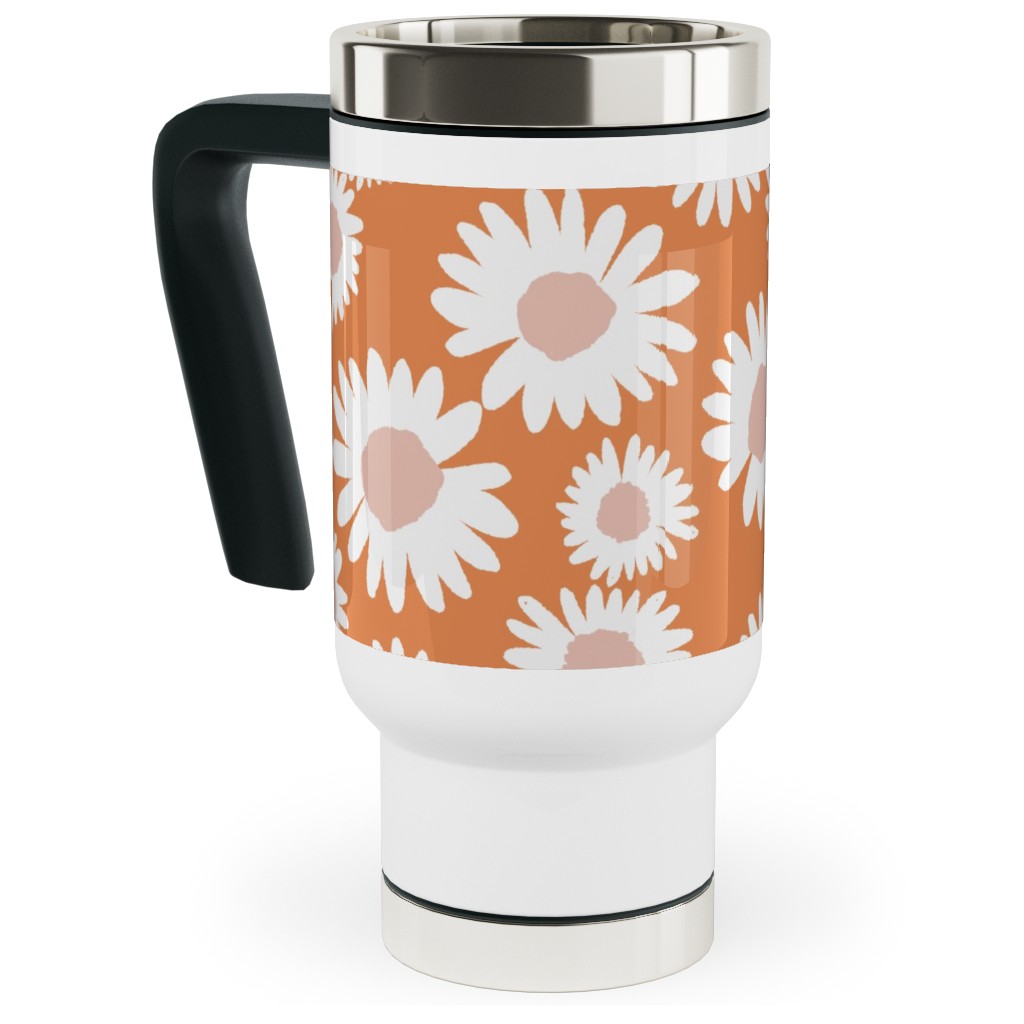 Boho Daisies - Flowers - Muted Orange and Blush Travel Mug with Handle, 17oz, Orange