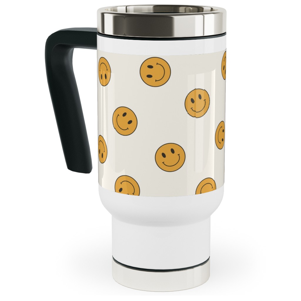 Retro Smiley Face - Cream and Yellow Travel Mug with Handle, 17oz, Yellow