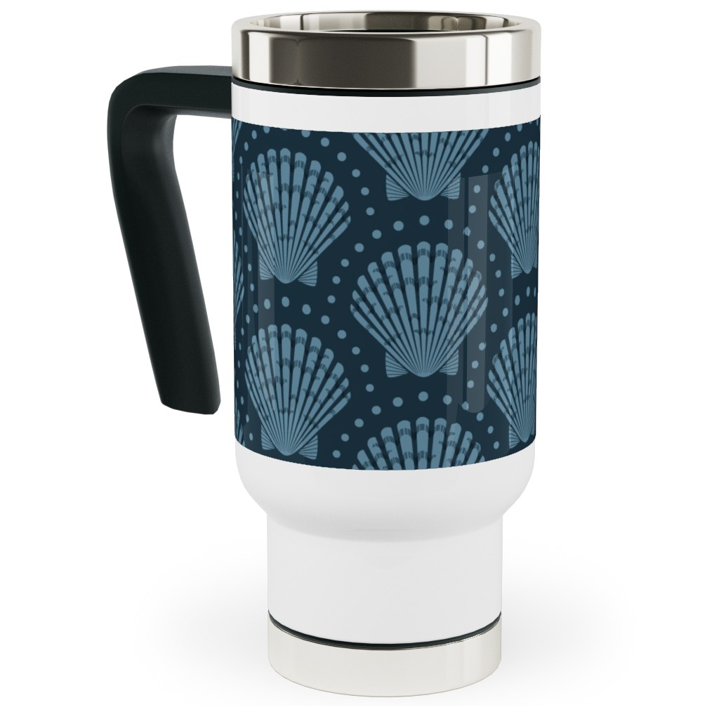 Pretty Scallop Shells - Navy Blue Travel Mug with Handle, 17oz, Blue